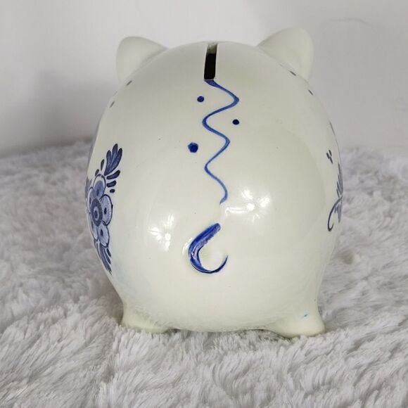 Vtg. Delft Blue Windmill Floral Piggy Bank - Picture 3 of 8